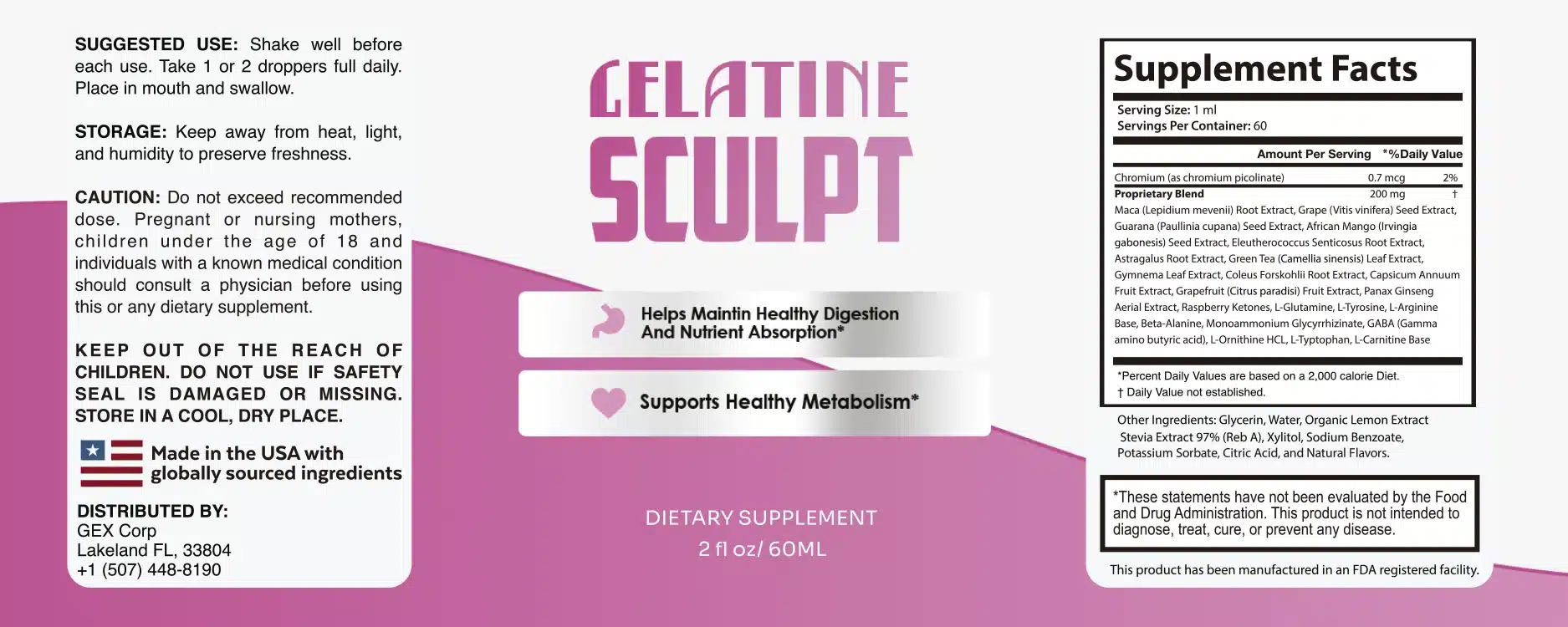 Gelatine Sculpt Official Supplement Facts Label